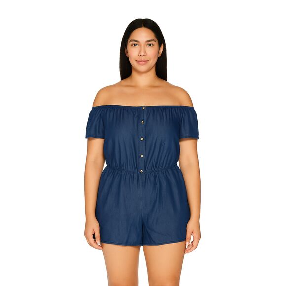 Chambray off the shoulder romper BLUE NWT SIZE 3X - Picture 1 of 9